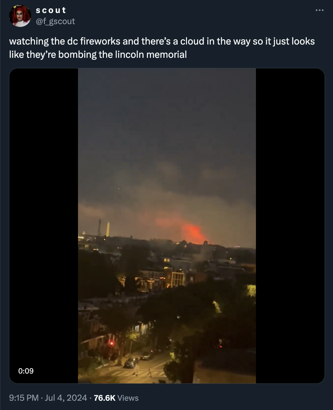 screenshot - scout watching the dc fireworks and there's a cloud in the way so it just looks they're bombing the lincoln memorial Views